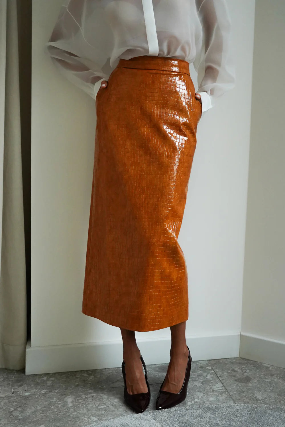 CROCO OCHRE MIDI SKIRT