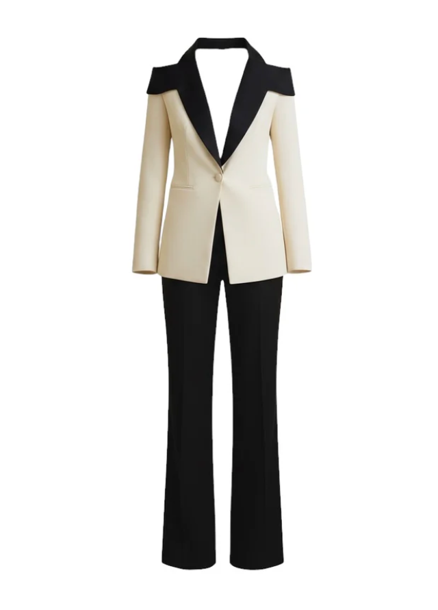 IVORY SUIT WITH CONTRASTING BLACK LABELS