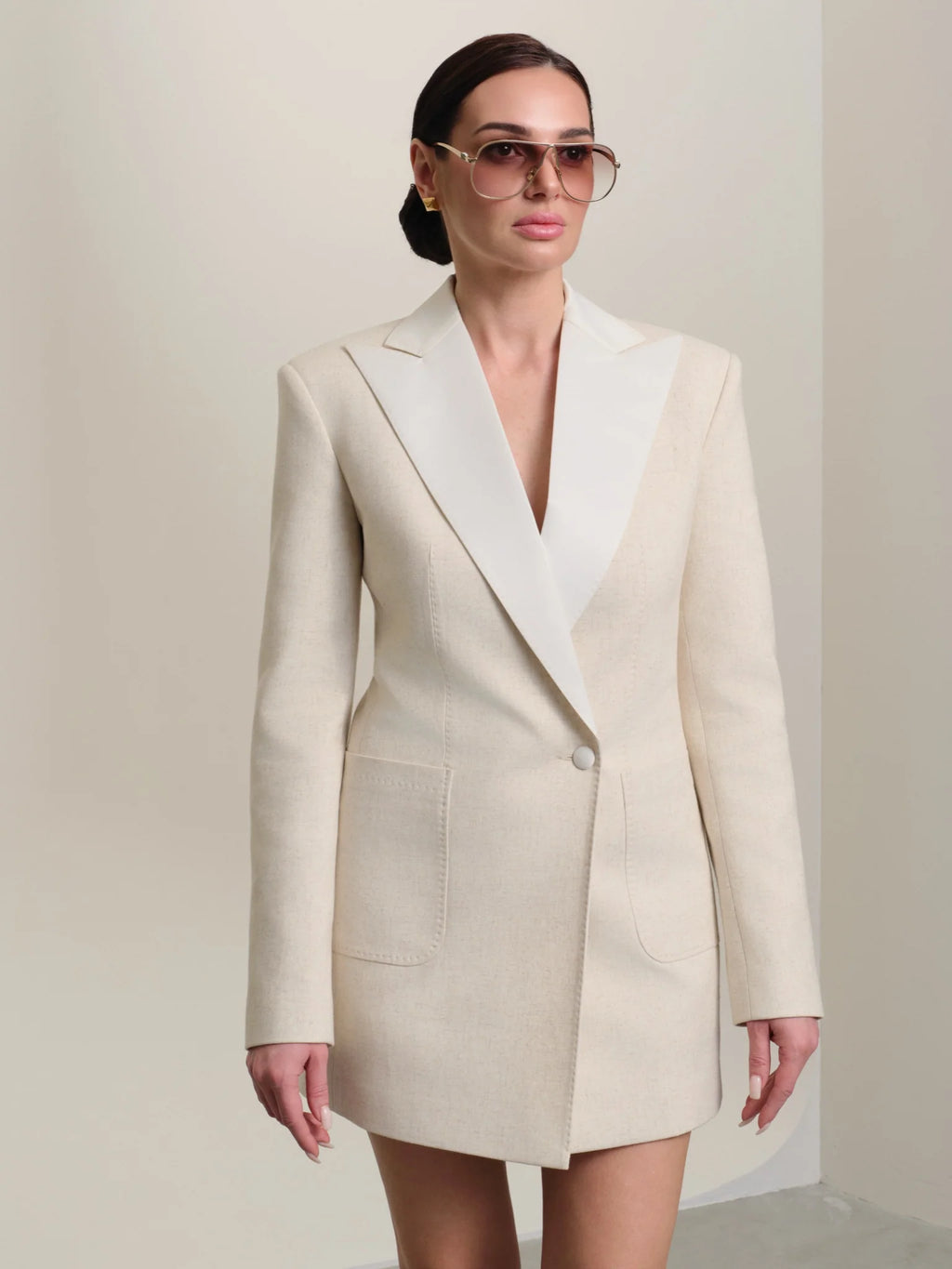 Women's double-breasted ivory blazer dress