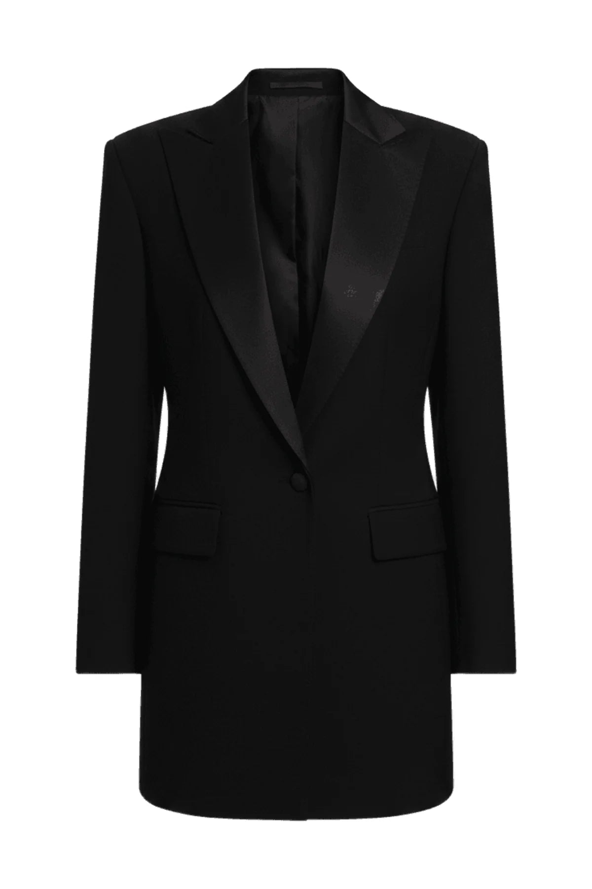 Women's black wool blazer dress with deep V-neck