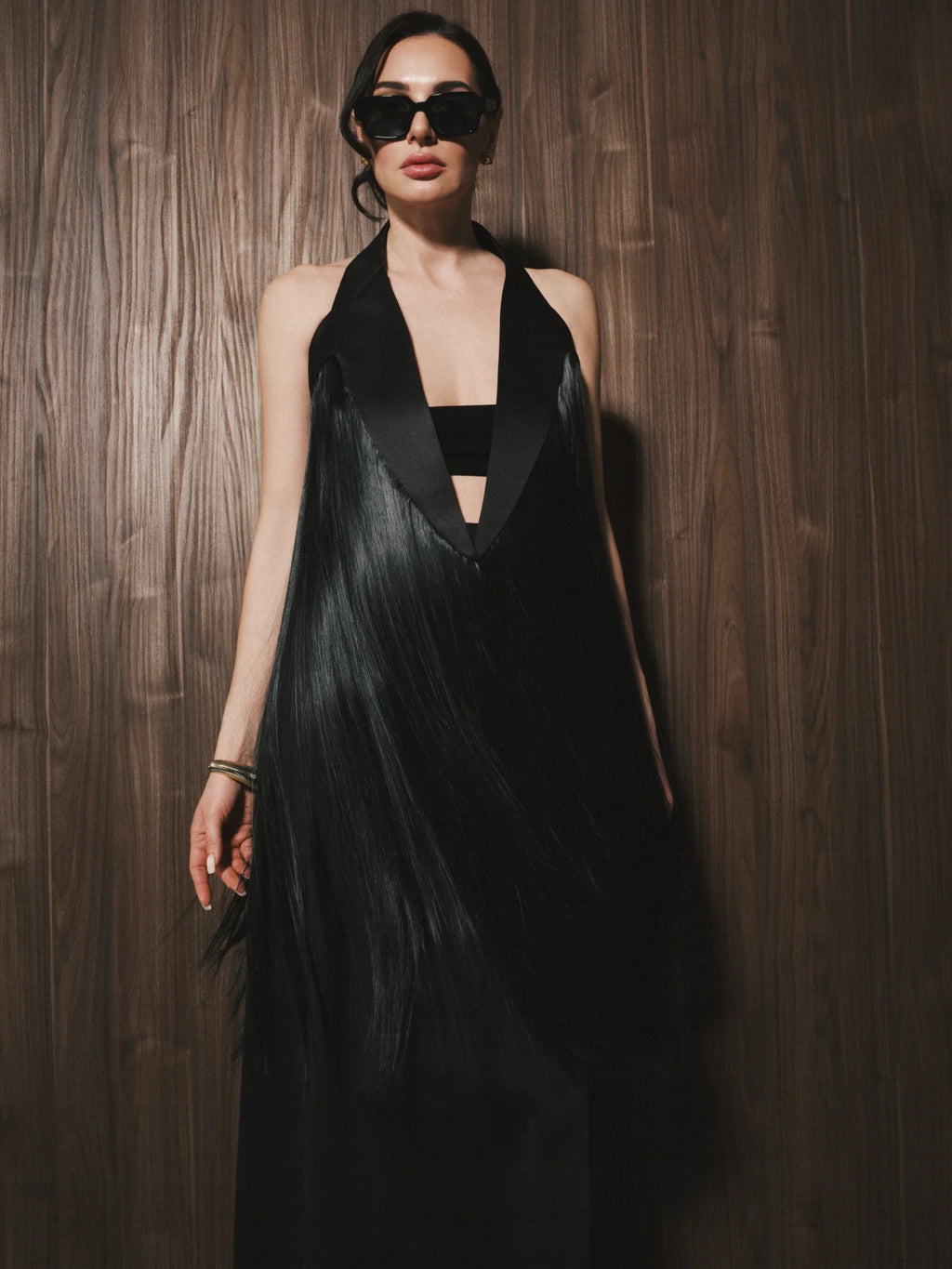 Women's black floor-length fringed cape