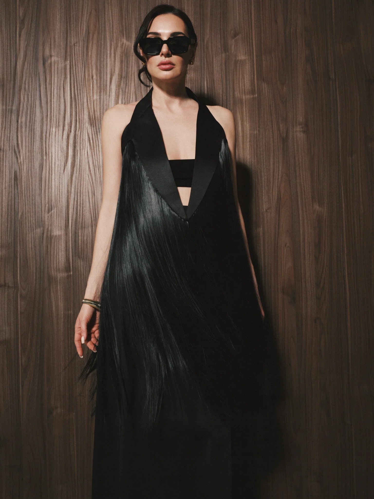 Women's black floor-length fringed cape