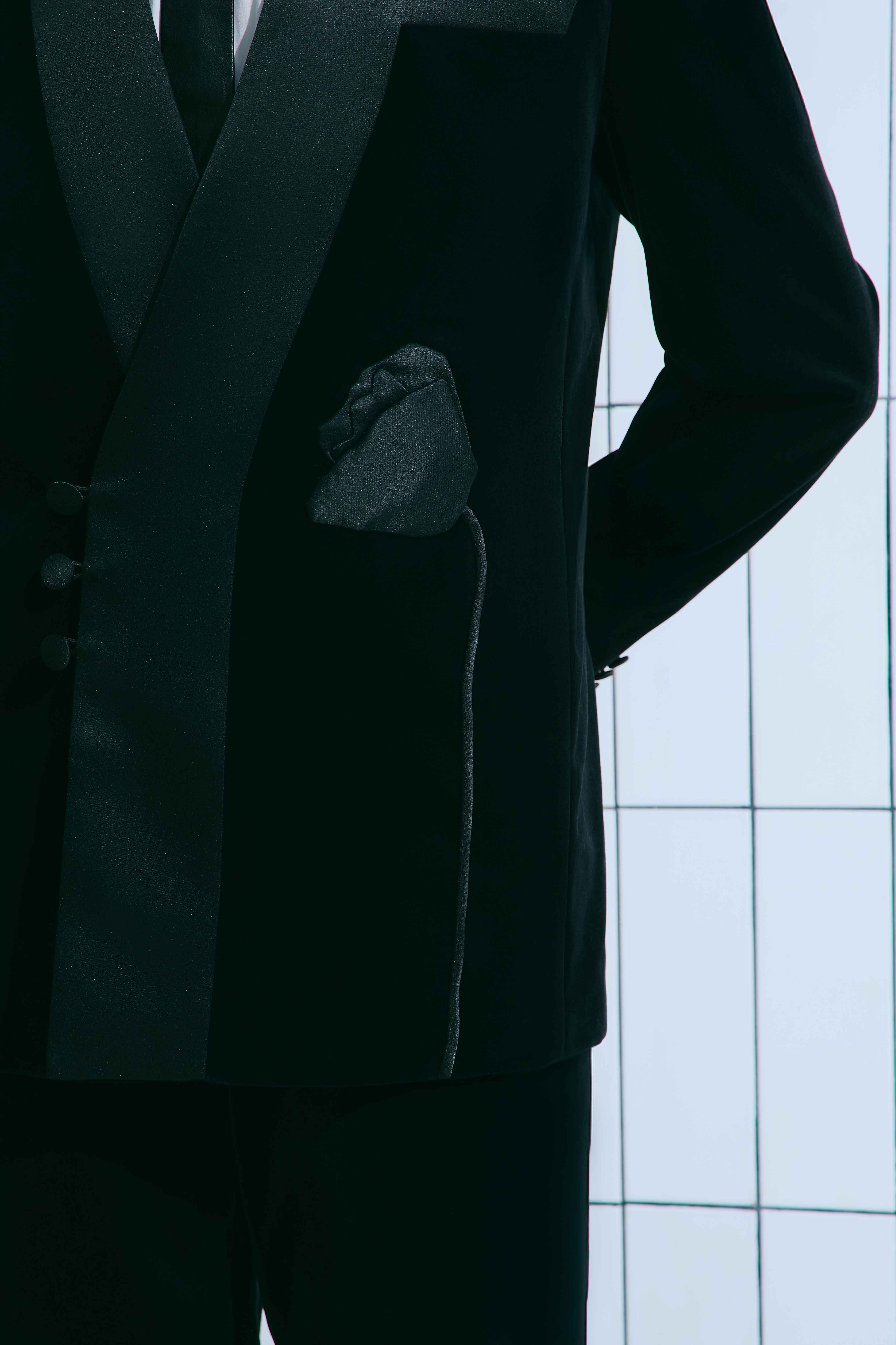 BLACK VELVET TUXEDO SUIT WITH FLORAL APPLIQUE