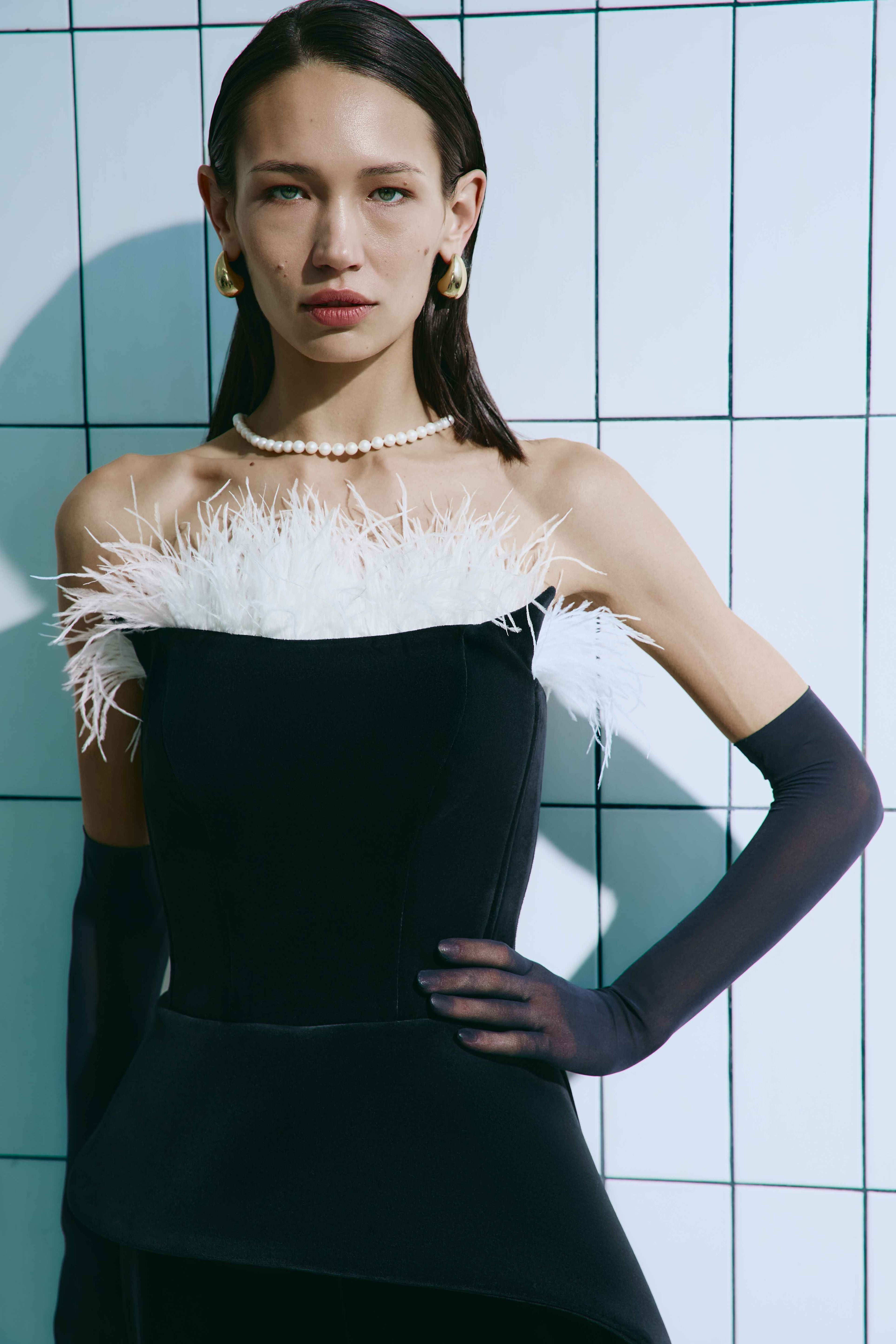 DECONSTRUCTED FEATHER BASQUE CORSET + VELVET TROUSERS