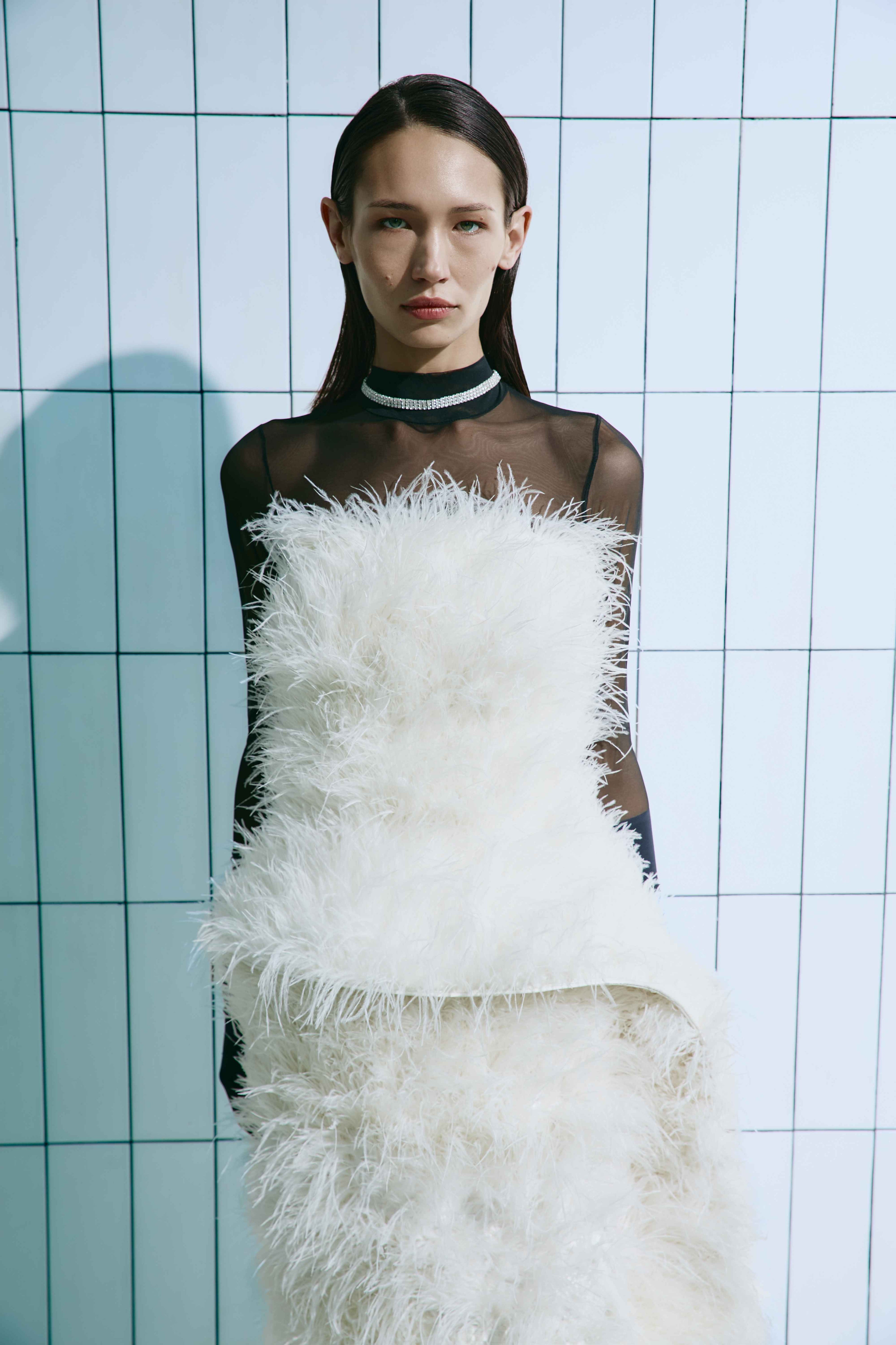 FEATHERED DECONSTRUCTED BASQUE DRESS