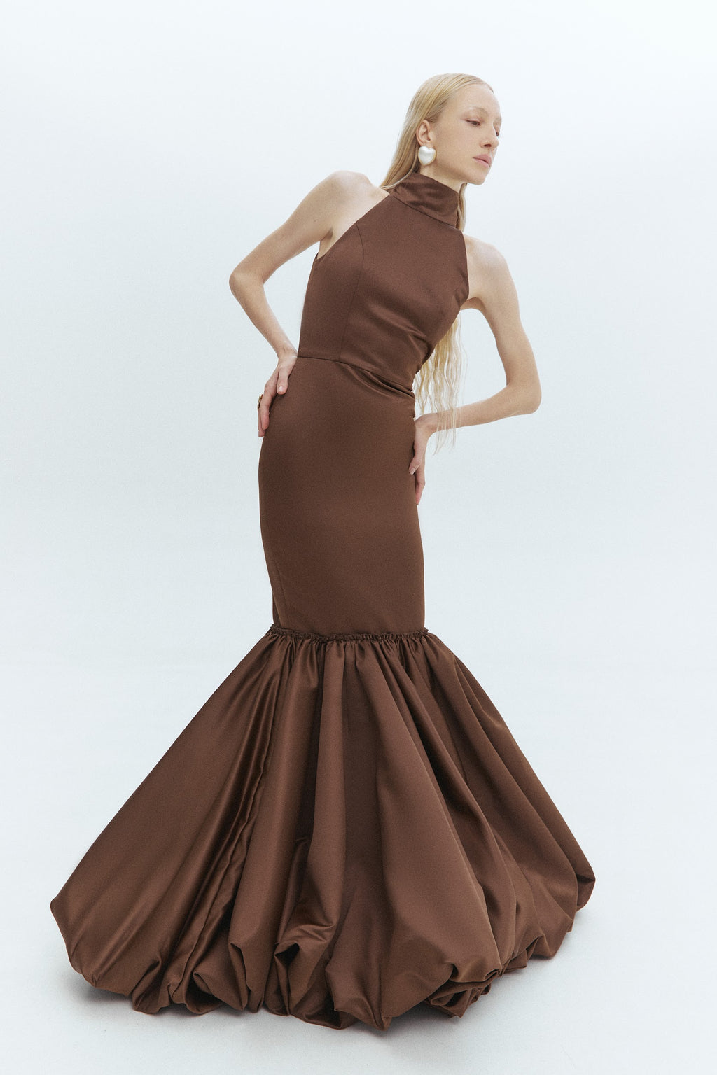 BROWN HALTER MERMAID DRESS