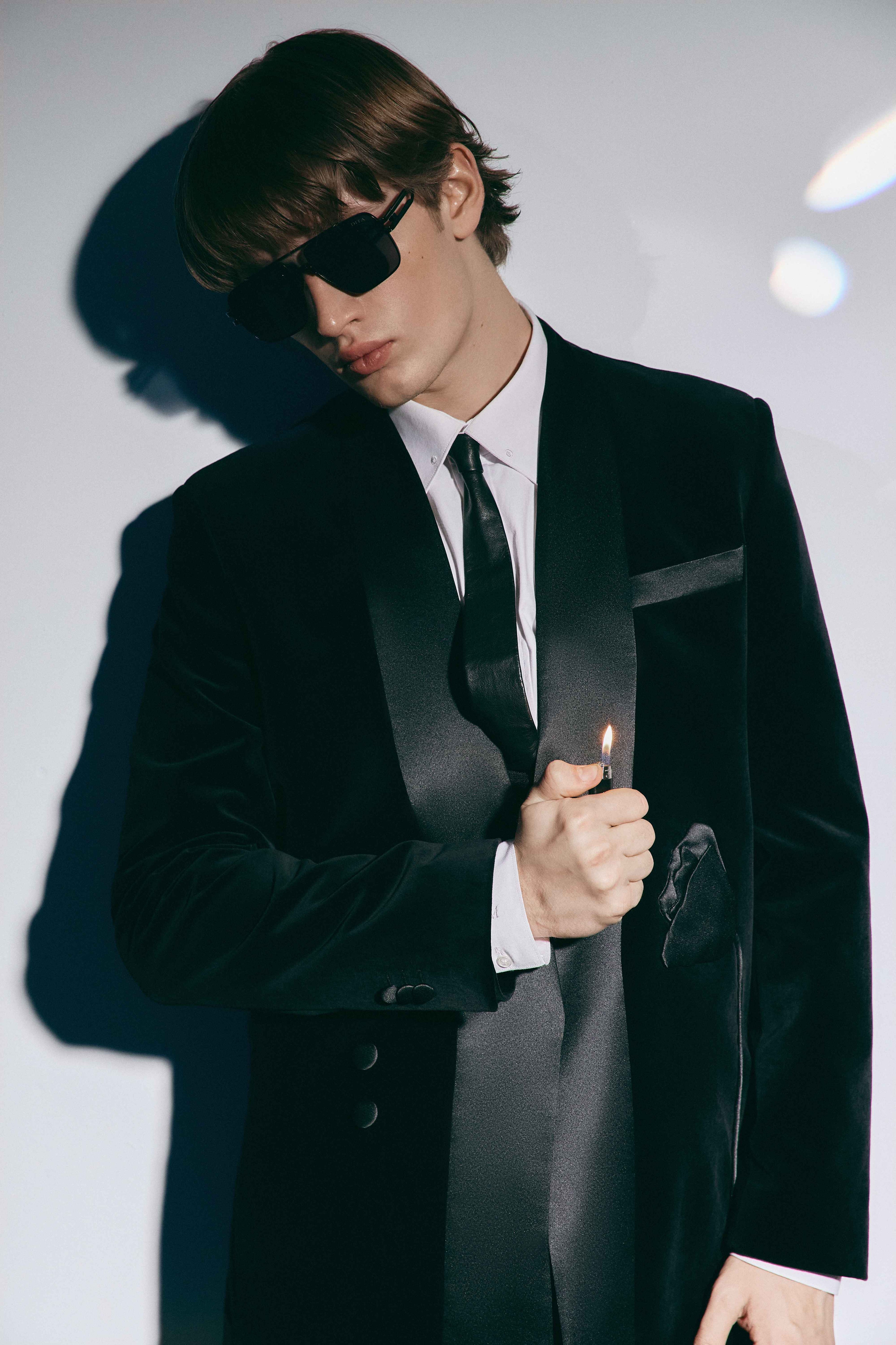 BLACK VELVET TUXEDO SUIT WITH FLORAL APPLIQUE