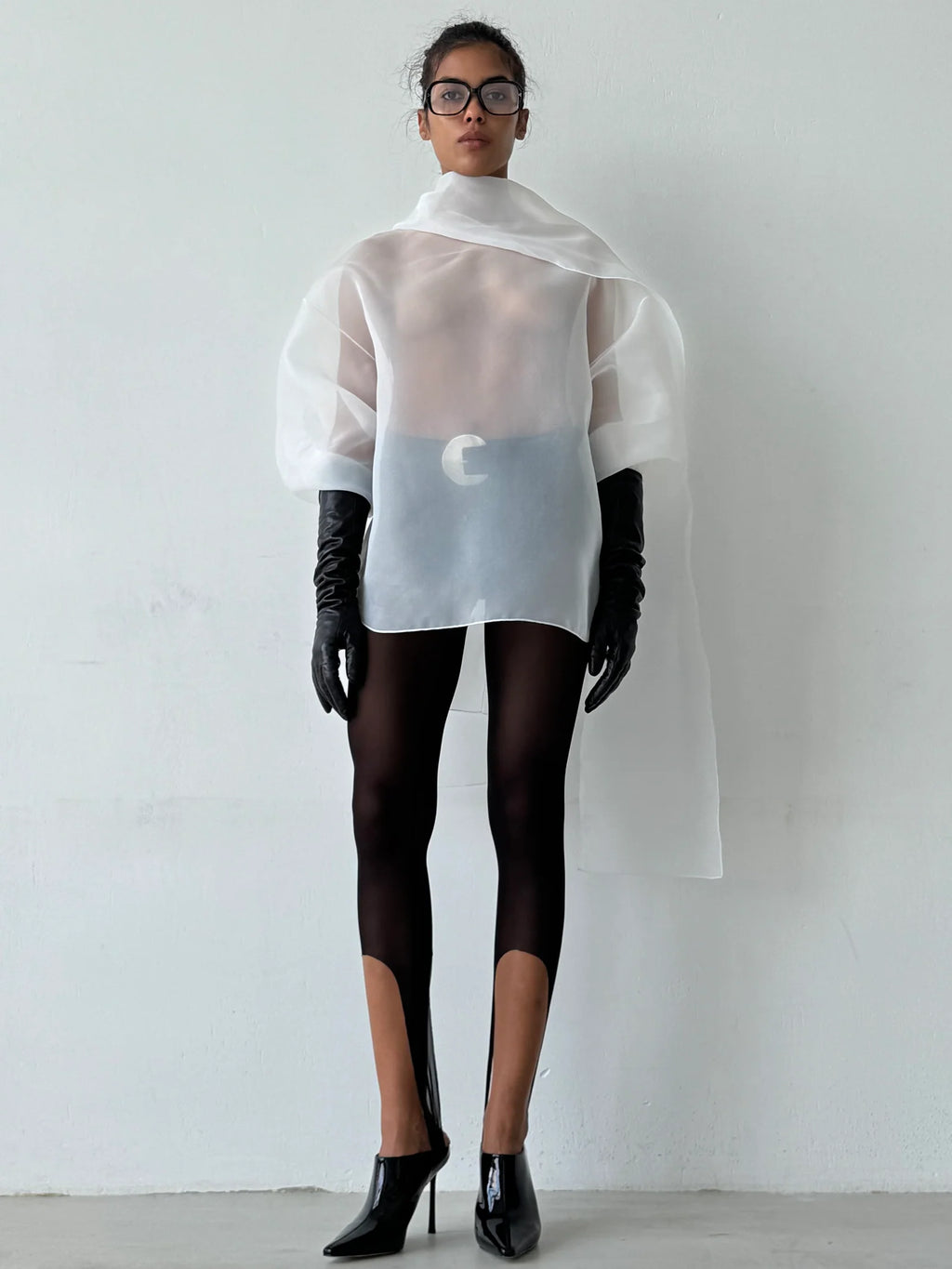 SEMI-SHEER WHITE SCARF BLOUSE