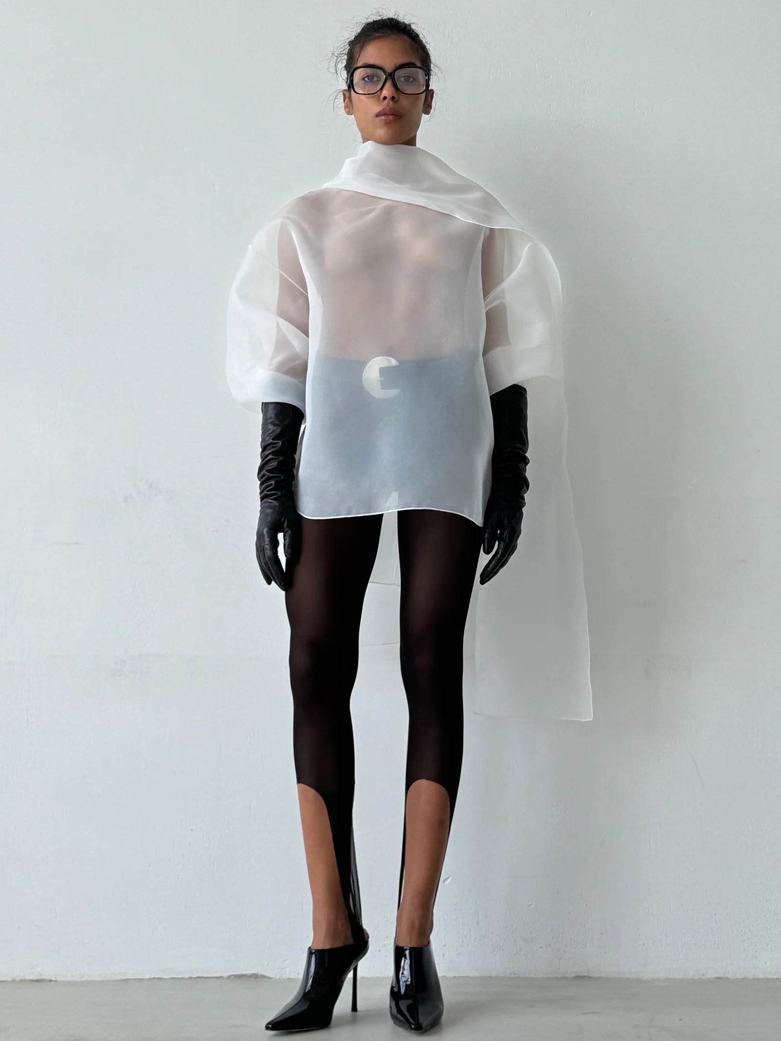 SEMI-SHEER WHITE SCARF BLOUSE
