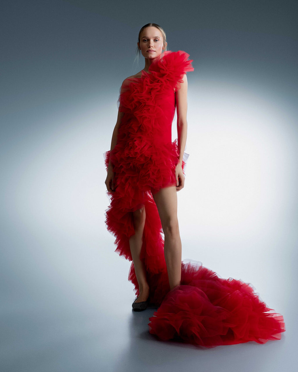 RED ASYMMETRIC ORGANZA DRESS