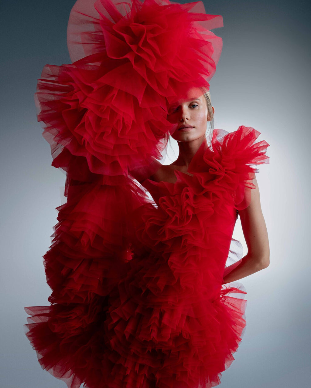 RED ASYMMETRIC ORGANZA DRESS