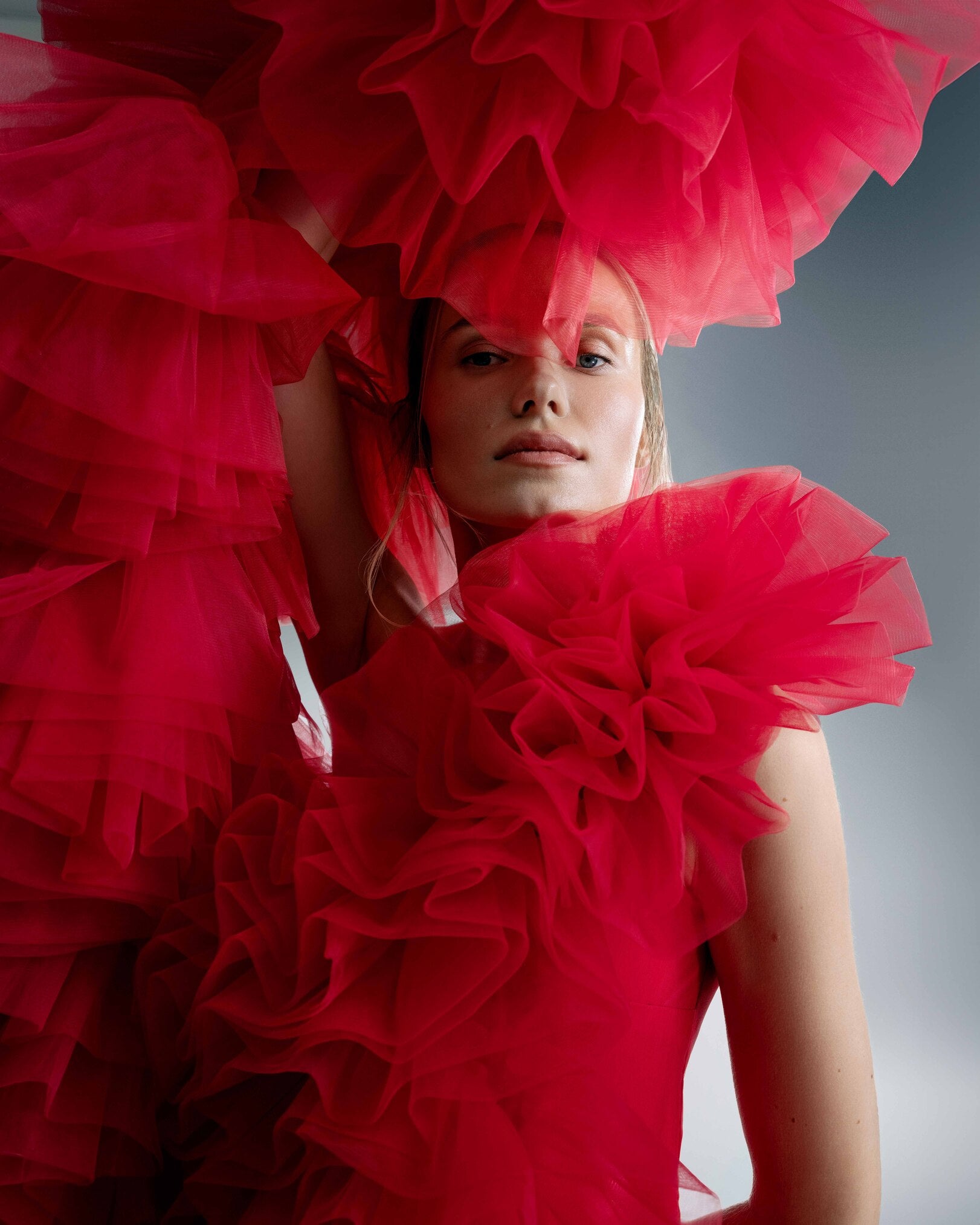 RED ASYMMETRIC ORGANZA DRESS