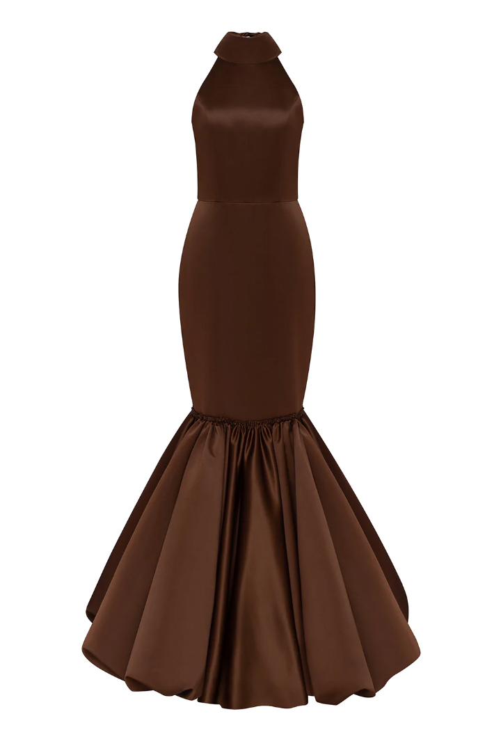 BROWN HALTER MERMAID DRESS