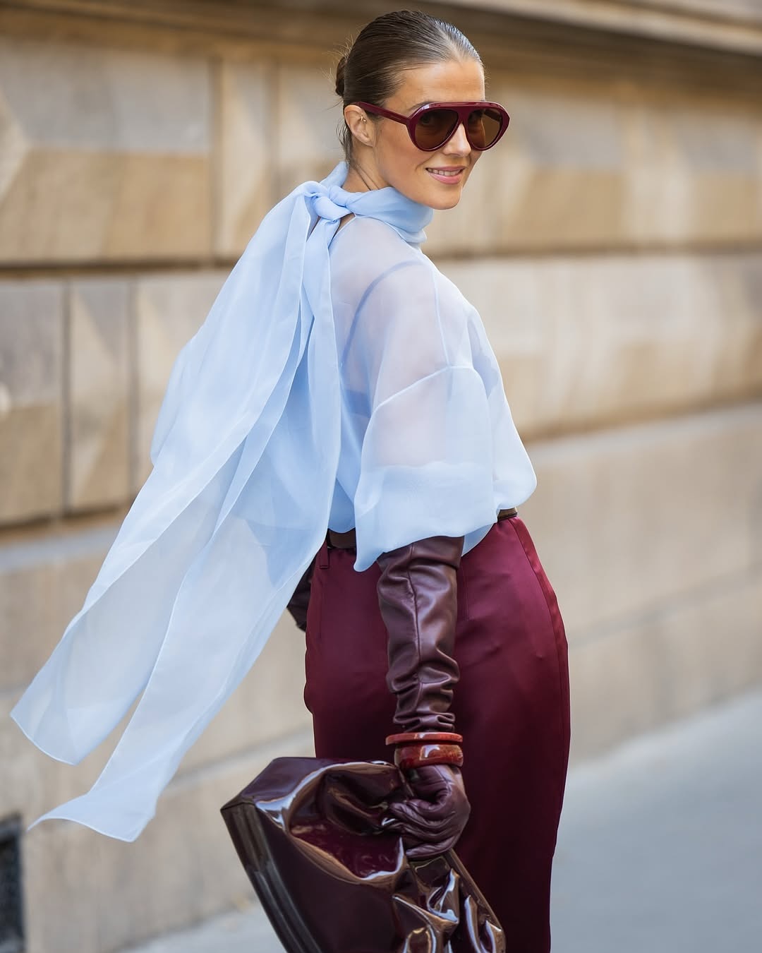 SEMI-SHEER BLUE SCARF BLOUSE