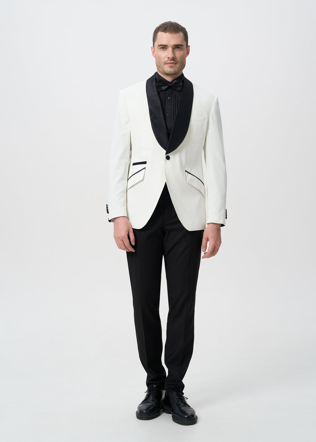 IVORY TUXEDO WITH BLACK SHAWL LAPEL