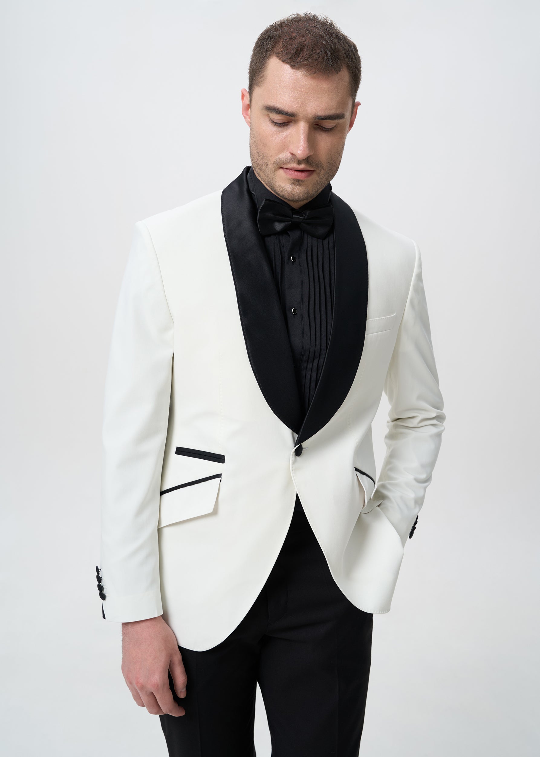 IVORY TUXEDO WITH BLACK SHAWL LAPEL