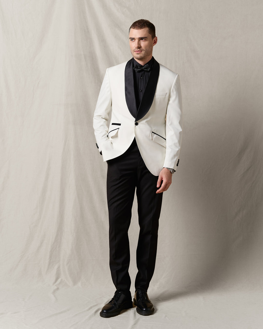 IVORY TUXEDO WITH BLACK SHAWL LAPEL