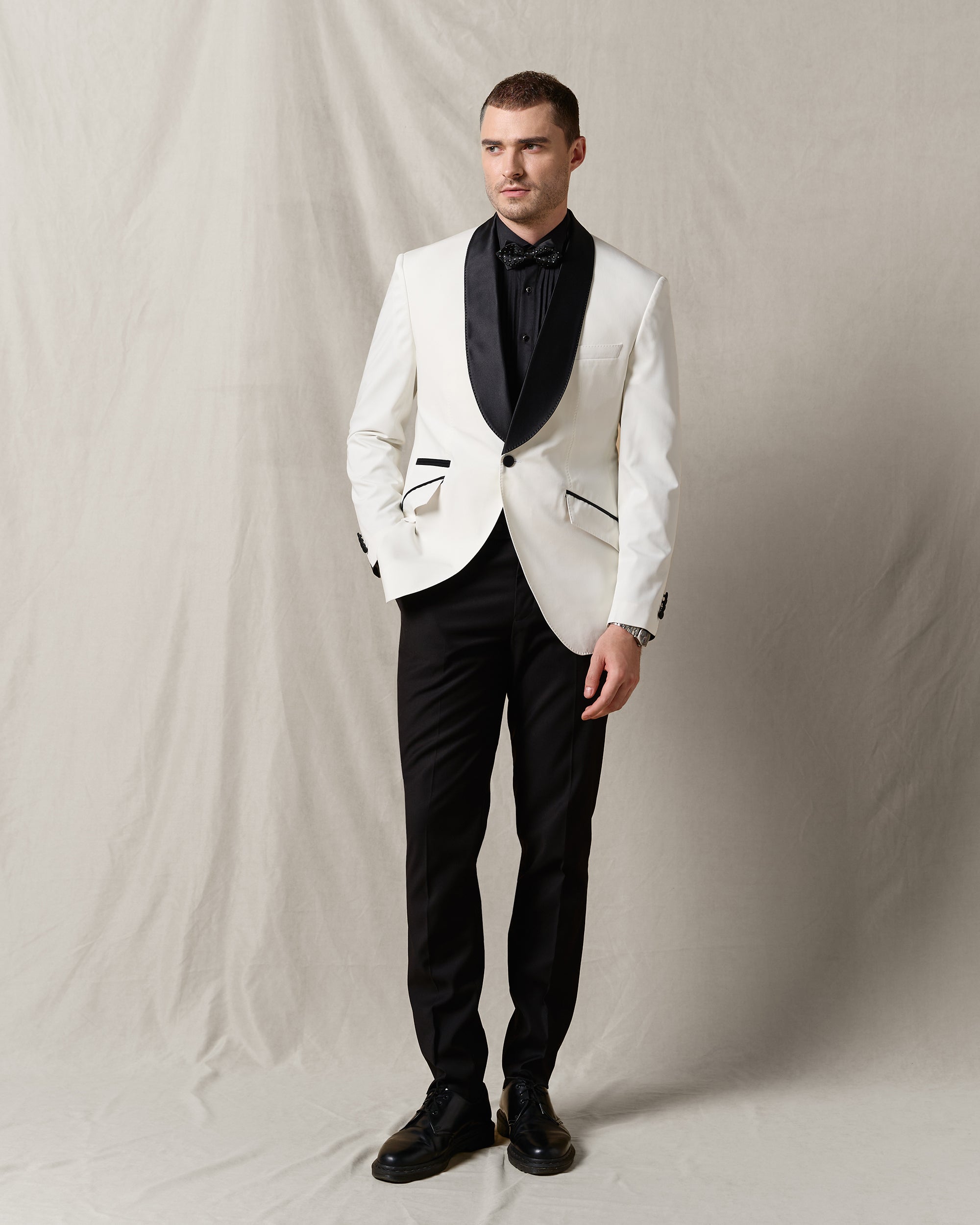 IVORY TUXEDO WITH BLACK SHAWL LAPEL