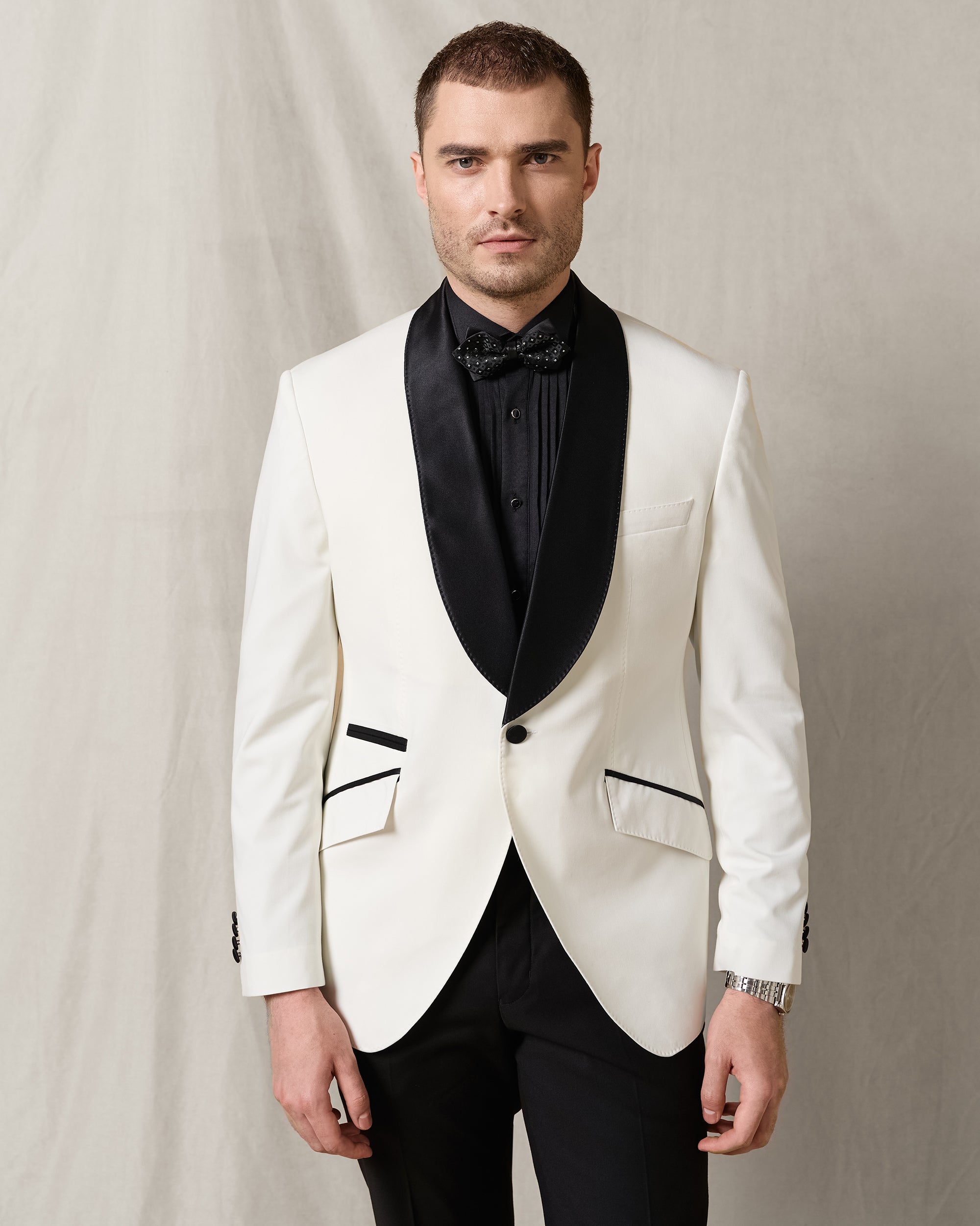 IVORY TUXEDO WITH BLACK SHAWL LAPEL